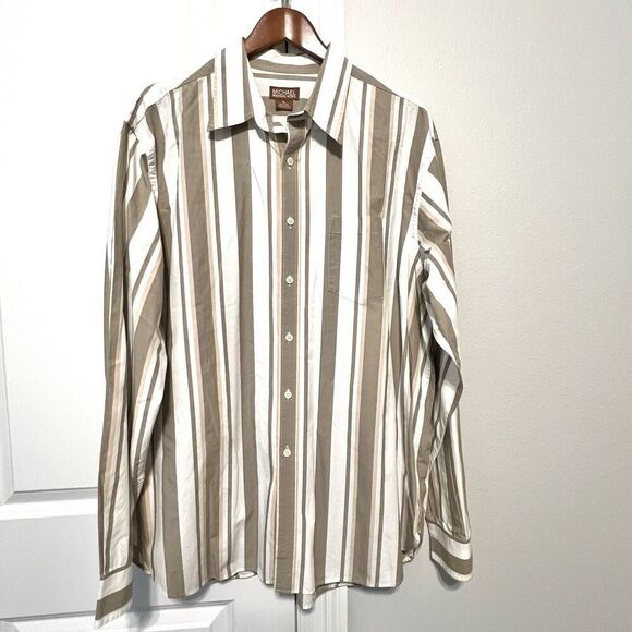 Michael Kors Mens Shirt Size XL White Beige Striped Button-Up Long Sleeve - Picture 2 of 7